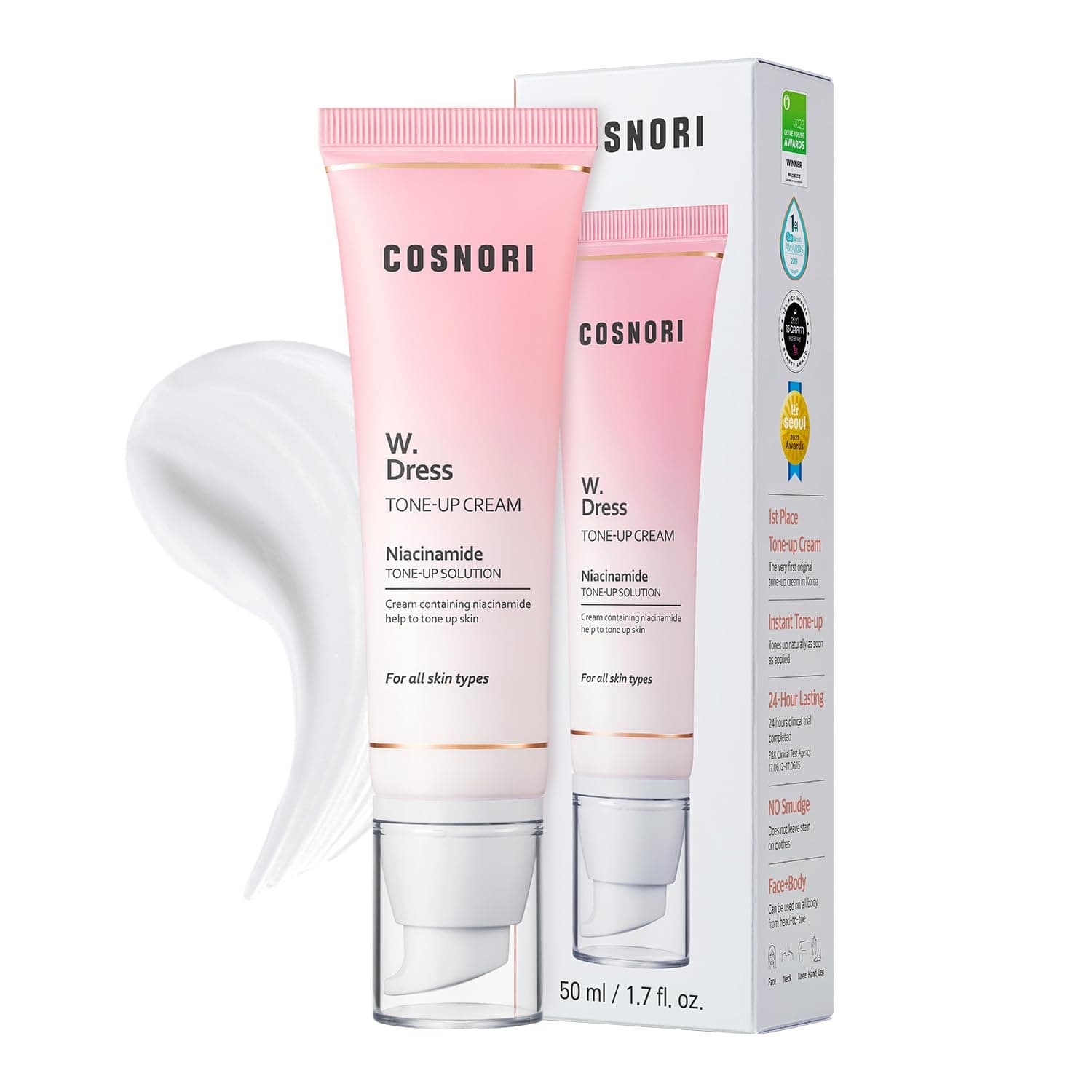 COSNORI Whitening Dress Tone-up Cream - Evens Out Complexion - No Makeup Natural Look - Long-Lasting Hydrating & Sebum Control Face and Body - Vegan, No Animal Tested - 1.7 fl. oz.
