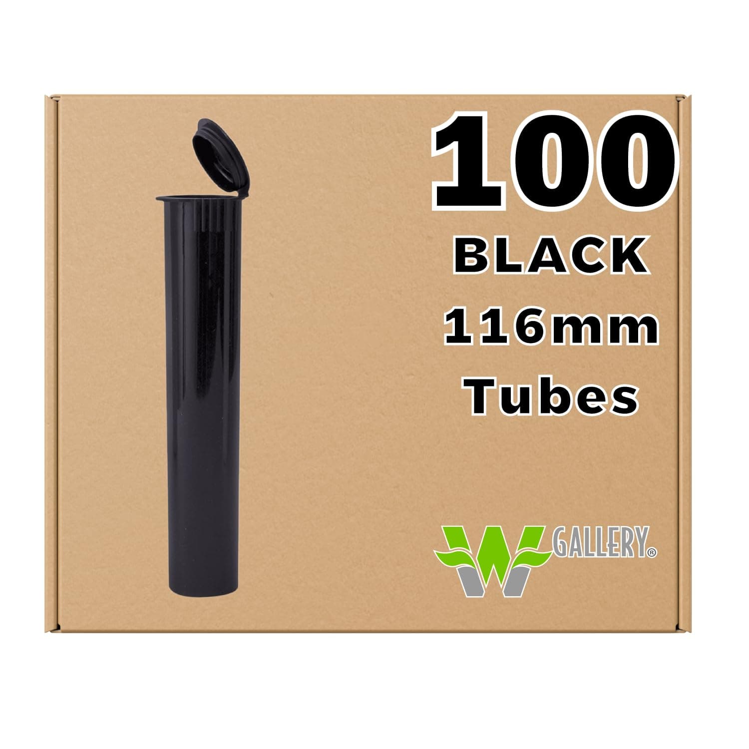 W Gallery 100 Black 116mm Open Cap Pop Top Tubes - Airtight Smell Proof Containers - Plastic Medical Grade Prescription Bottles for Pills Herbs Flowers Supplements, Bulk Pack, Not Glass Jars