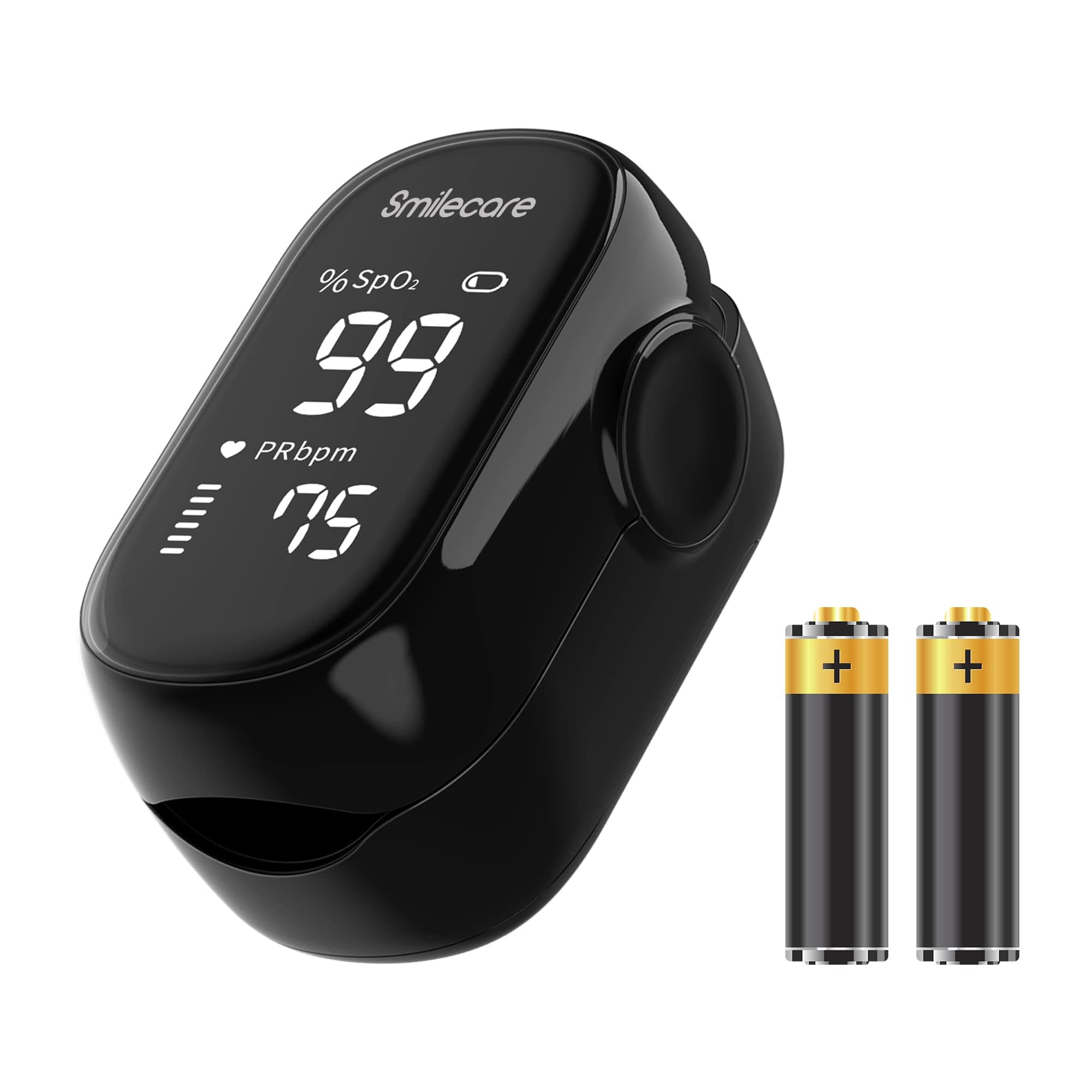 Pulse Oximeter Fingertip, SmileCare Blood Oxygen Saturation Monitor with Batteries and Lanyard, Accurate Fast Spo2 Reading, Full Screen Display