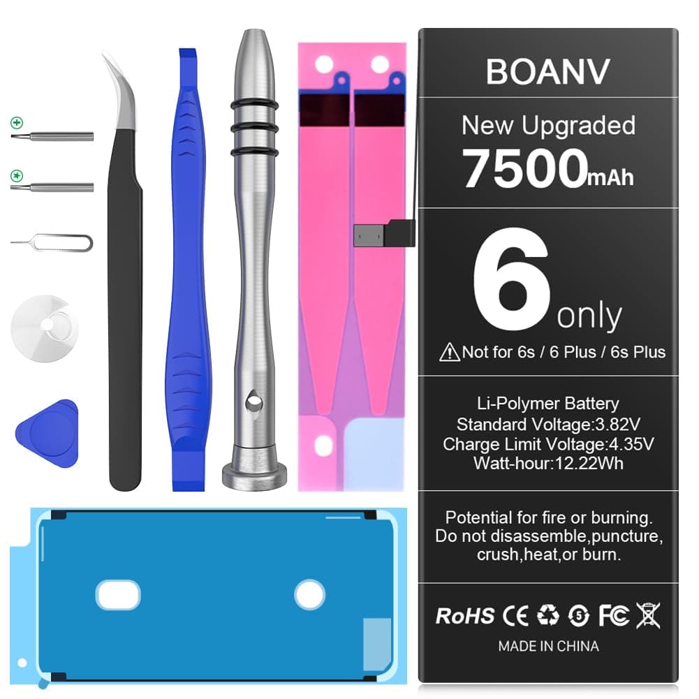 [7500mAh] Battery for iPhone 6,(2024 UPGRADED) BOANV Ultra High Capacity A1549/A1586/A1589 Battery Replacement with Full Set Repair Tool Kits, Adhesive & Instructions