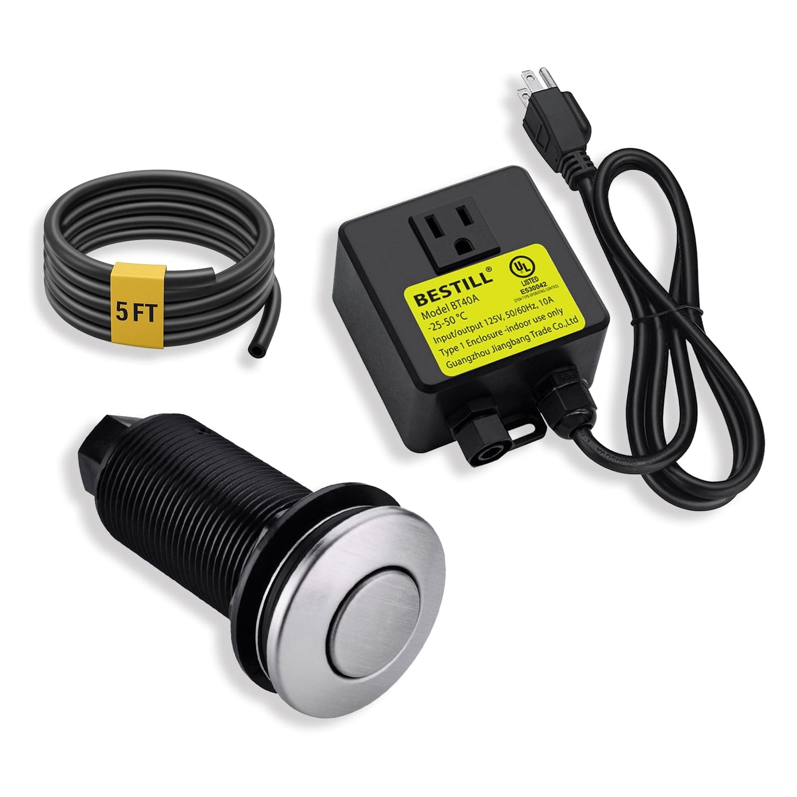 BESTILL Sinktop Air Switch Kit for Garbage Disposal, Stainless Steel Brushed Nickel 3.6" Long Push Button for Waste Disposer, UL Listed