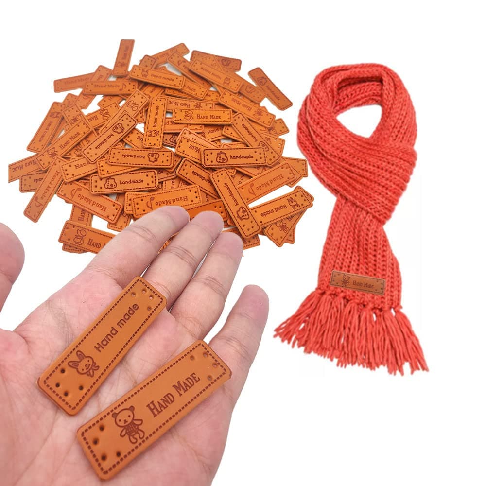 100 Pcs Handmade PU Leather Tags with Holes Rectangle Embossed Labels PU Leather Handmade Tags Handmade Knitting Labels for DIY Sweaters Scarves Bags Gloves Hats