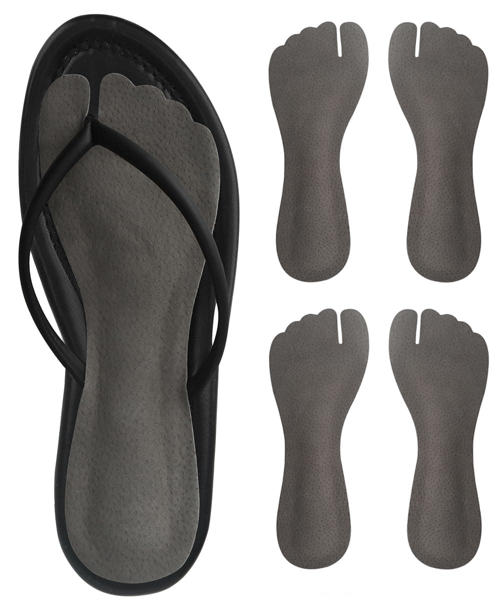 2 Pairs Pigskin Flip Flop Insoles Anti-Slip, Self Adhesive Cushion Insert for Thong Sandals Pain Relief, Arch Support Sandals Slippers Insoles Prevent Calluses, Black Gray, 5-7.5