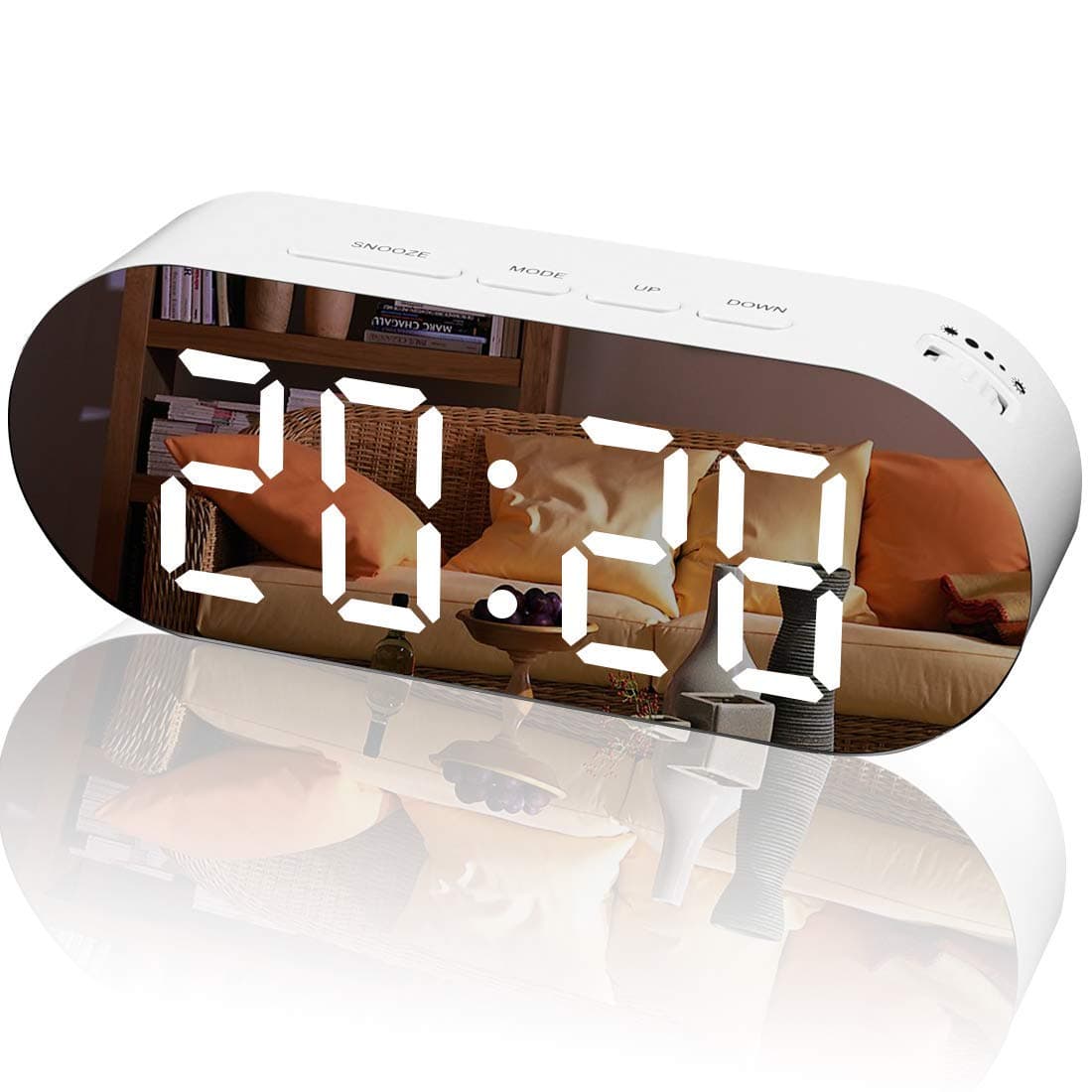 Kiwaly Digital Alarm Clock Mirror Surface Large LED Display Dimmer with Dual USB Charger Ports Snooze Sleep Timer for Modern Bedroom Decor White