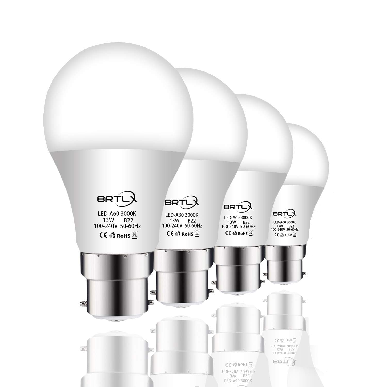 BRTLX 13W B22 LED Bulbs Bayonet Warm White 3000K A60 200 Degree Beam Angle 1040 Lumen Frosted Non-Dimmable 4-Pack