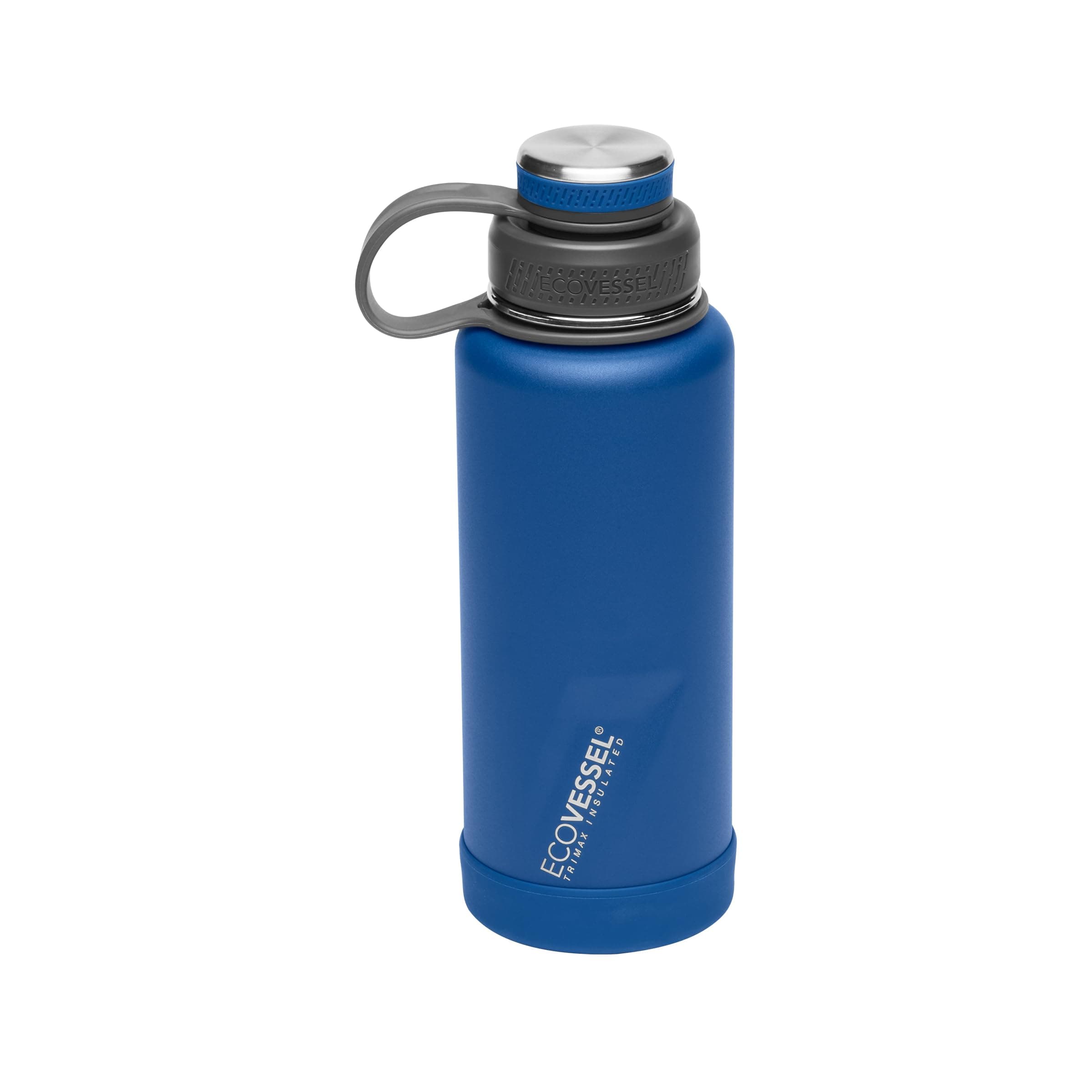 EcoVessel BOULDER 32 oz - TriMax® Insulated Stainless Steel Water Bottle with Reflecta™ Insulated Dual Lid, Strainer and Silicone Bottle Bumper - Nightfall Navy