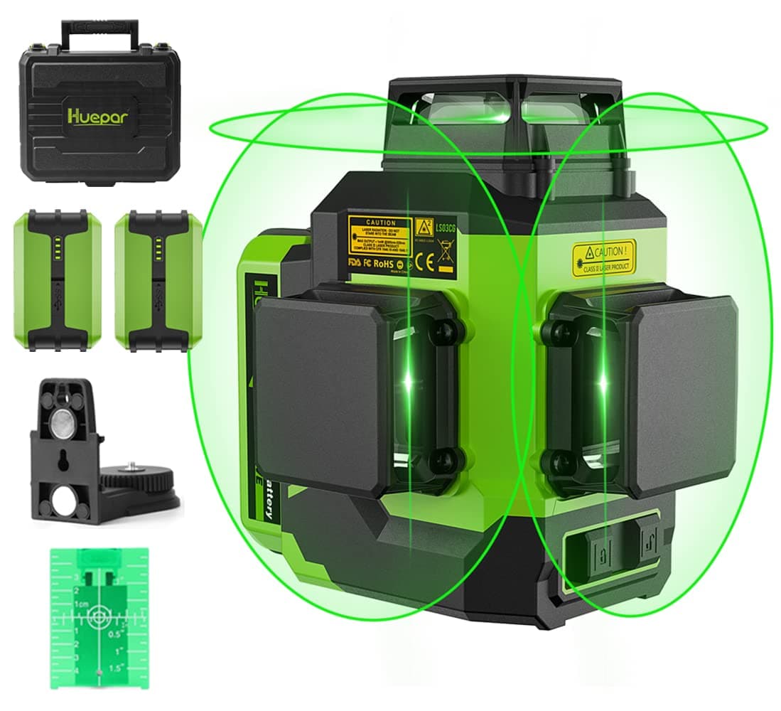 Huepar 3D Laser Level 3x360° Green Laser Level Self-Leveling 12 Lines Laser Outdoor Laser Cross Line Laser Level with Pulse Mode, 2 Rechargeable Li-ion Battery, Magnetic Bracket, and Hard Carry Case