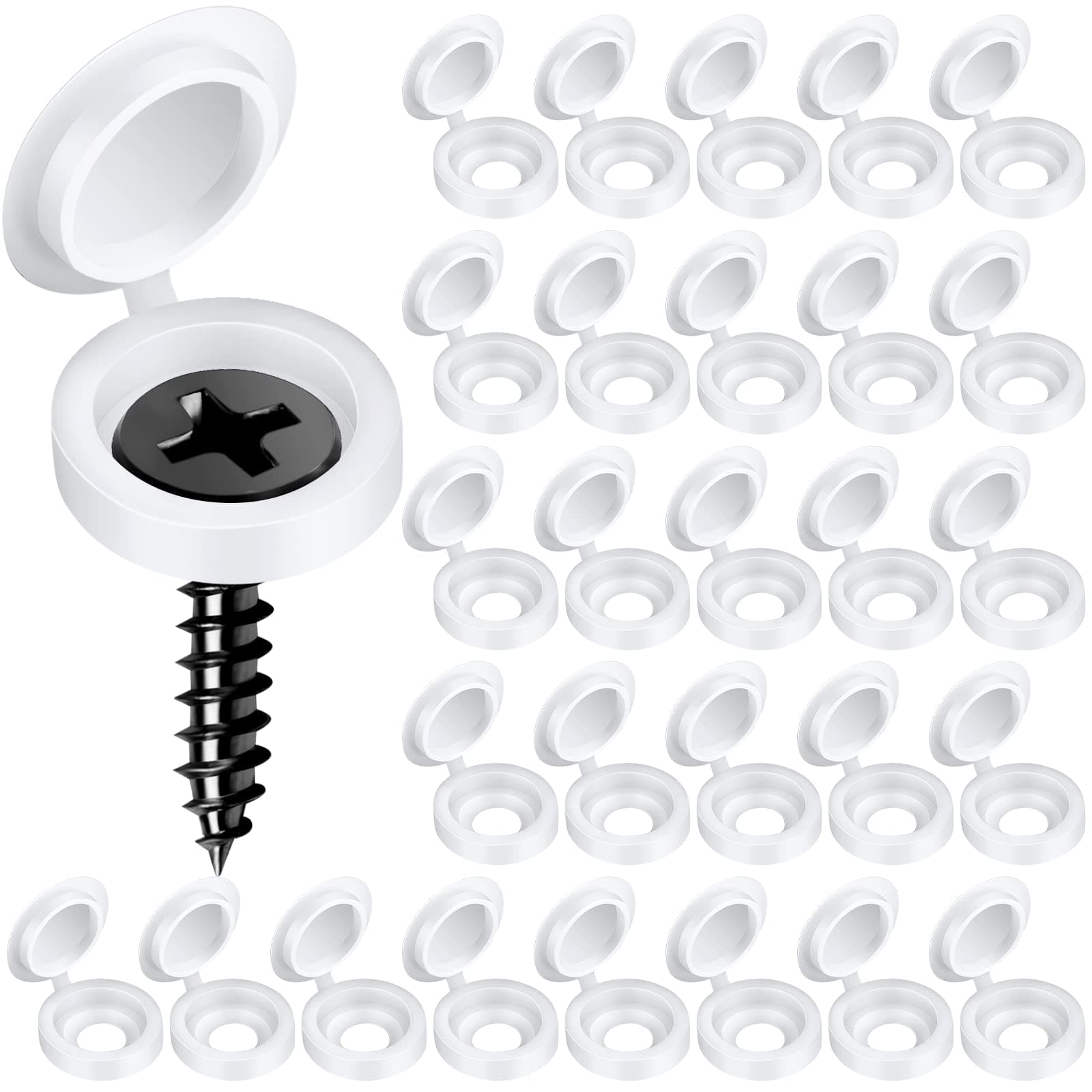 HNYYZL Plastic Hinged Screw Covers - 150 White Snap-On Caps, Flip Tops for Screw Protection (M)
