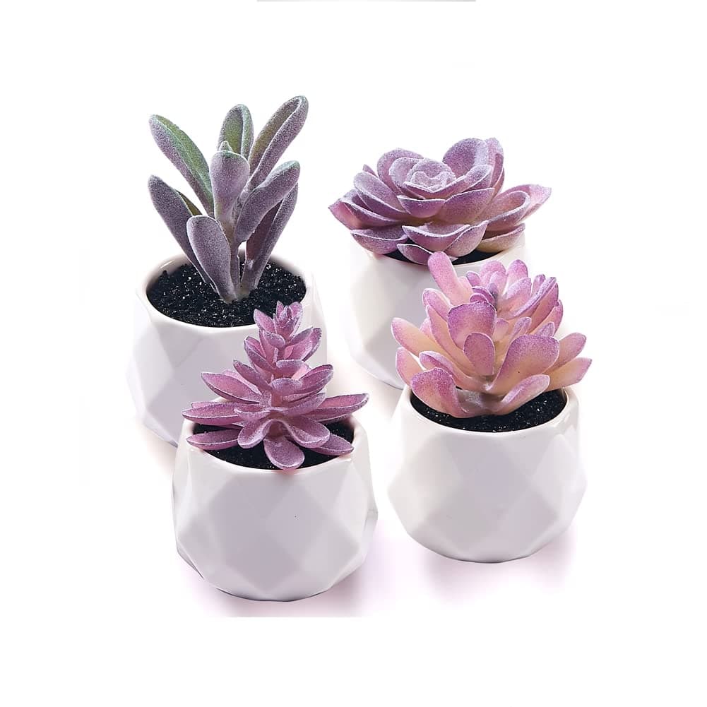 CADNLY Fake Succulent Plant Set - Artificial Desk Plants for Women Desk - Realistic Faux Succulents in Ceramic Pots - Mini Purple Decor for Bedroom Bathroom Office Shelf 4 Pack
