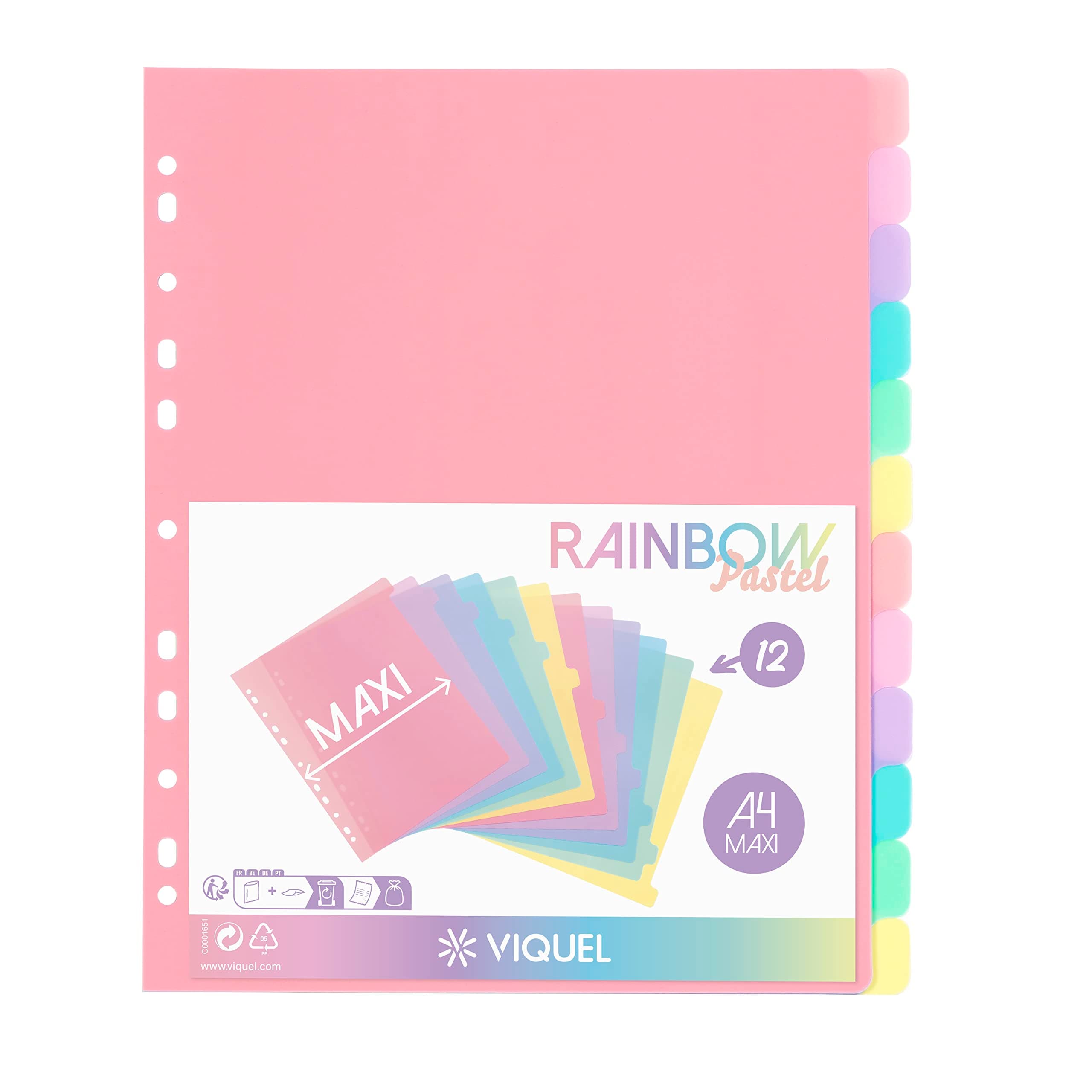 Viquel - Pack of 12 Plastic Rainbow Pastel Dividers - Maxi Format (24.5 x 30.5 cm) - for A4 Maxi Format or Lever Arch File - Pastel Colours