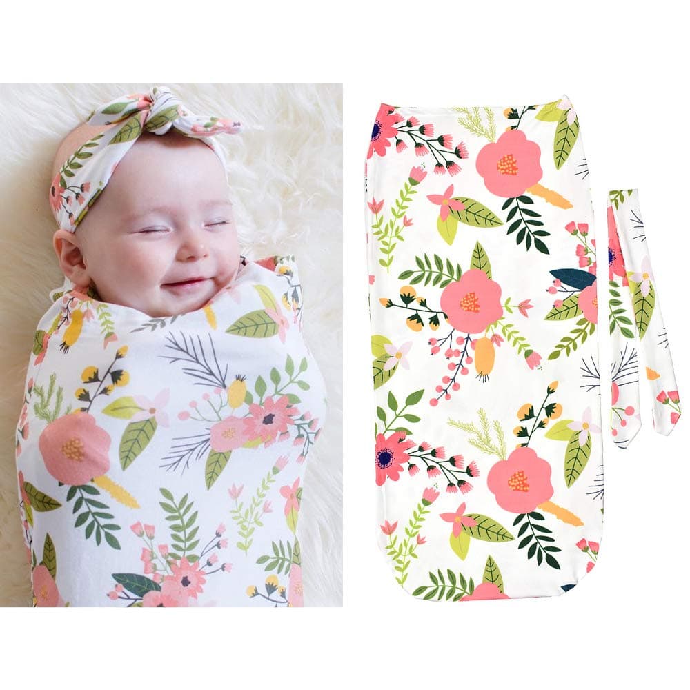 MioVatty Newborn Infant Swaddle Blanket/Swaddle Sack Floral Baby Sleeping Wrap Blanket Bag Baby Photography Props with Matching Headband 1-3 Months
