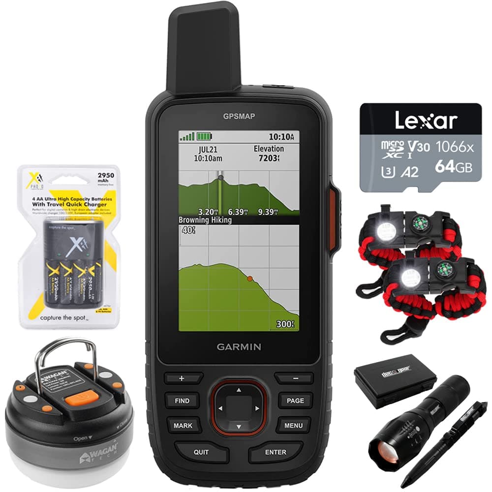 Garmin 010-02812-00 GPSMAP 67i Rugged GPS Handheld with inReach Satellite Technology Bundle with 64GB Card, 2X Tactical Bracelet, Flashlight & Pen Set, Dome Flashlight & 4X AA Batteries w/Charger