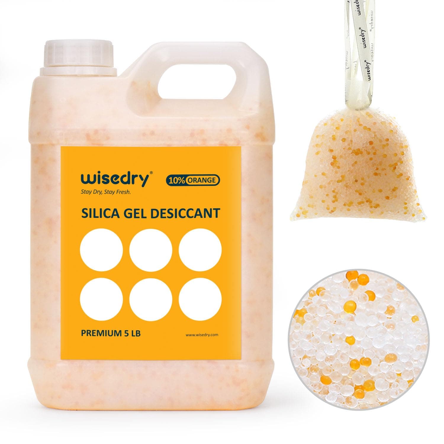 wisedry [ 5 LBS ] Silica Gel Beads Reusable Color Indicating Rechargeable Desiccant Bulk with 10 Pcs Organza Drawstring Bags