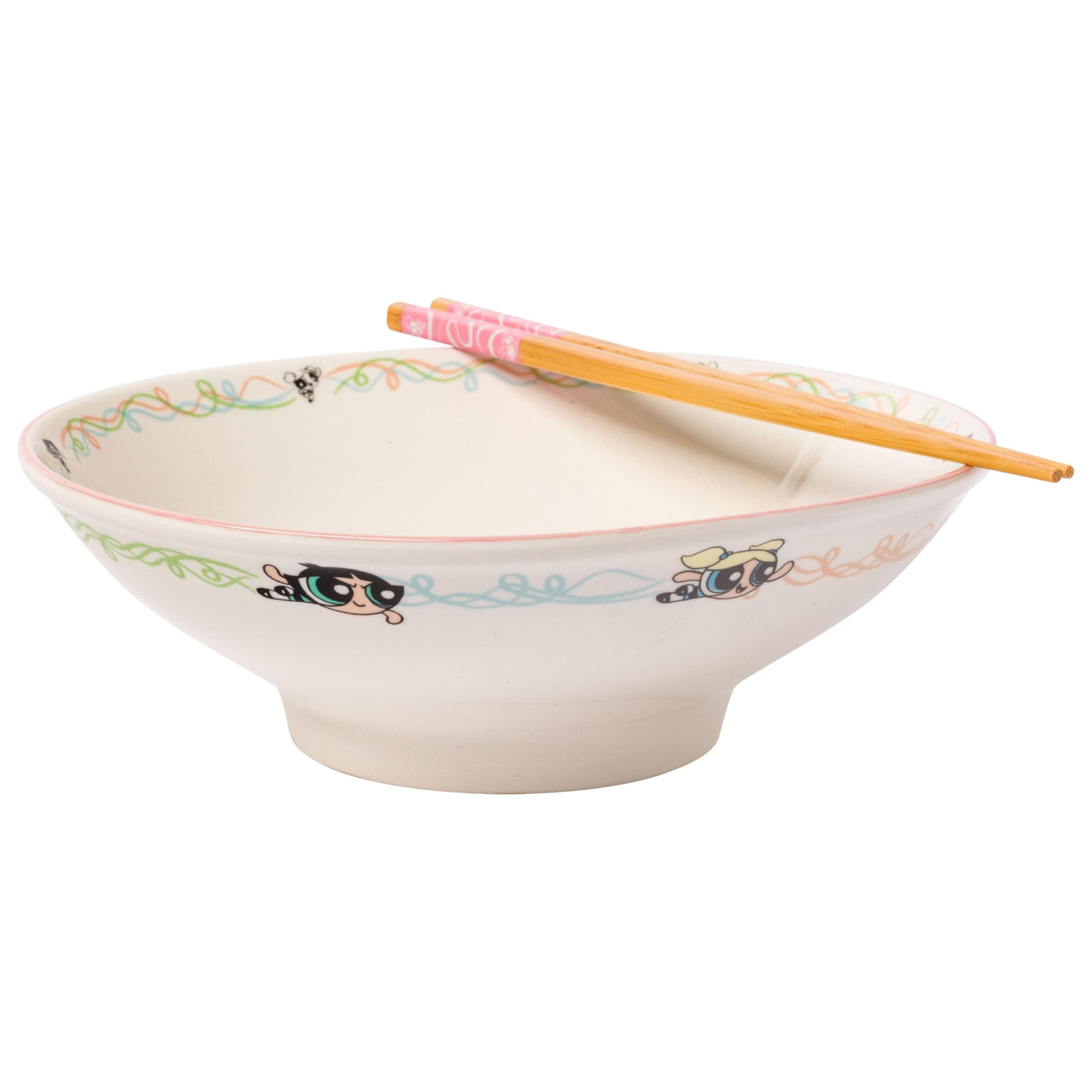 Silver Buffalo The Powerpuff Girls Featuring Bubbles, Blossom, and Buttercup Ceramic Ramen Noodle Rice Bowl with Chopsticks, Microwave Safe, 30 Ounces