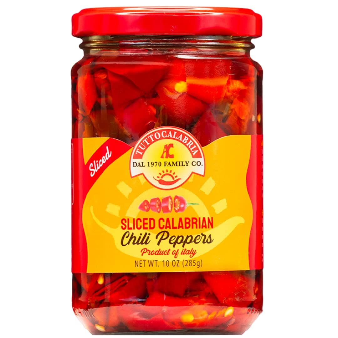 TUTTOCALABRIA Sliced Calabrian Chili Peppers, Rounds, Cut, Chopped, 10 oz (290 g), All Natural, Non-GMO, Product of Italy