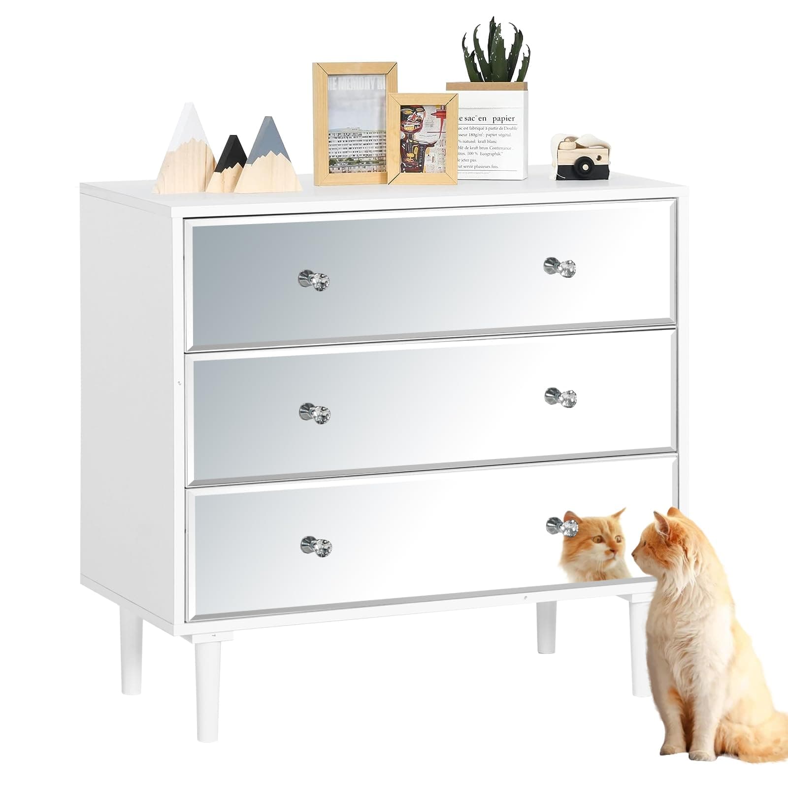 STHOUYN 3 Chest of Drawers for Bedroom Wood, White Mirrored Dresser 3 Drawer for Bedroom, Small Modern Dresser for Closet Living Room (White)