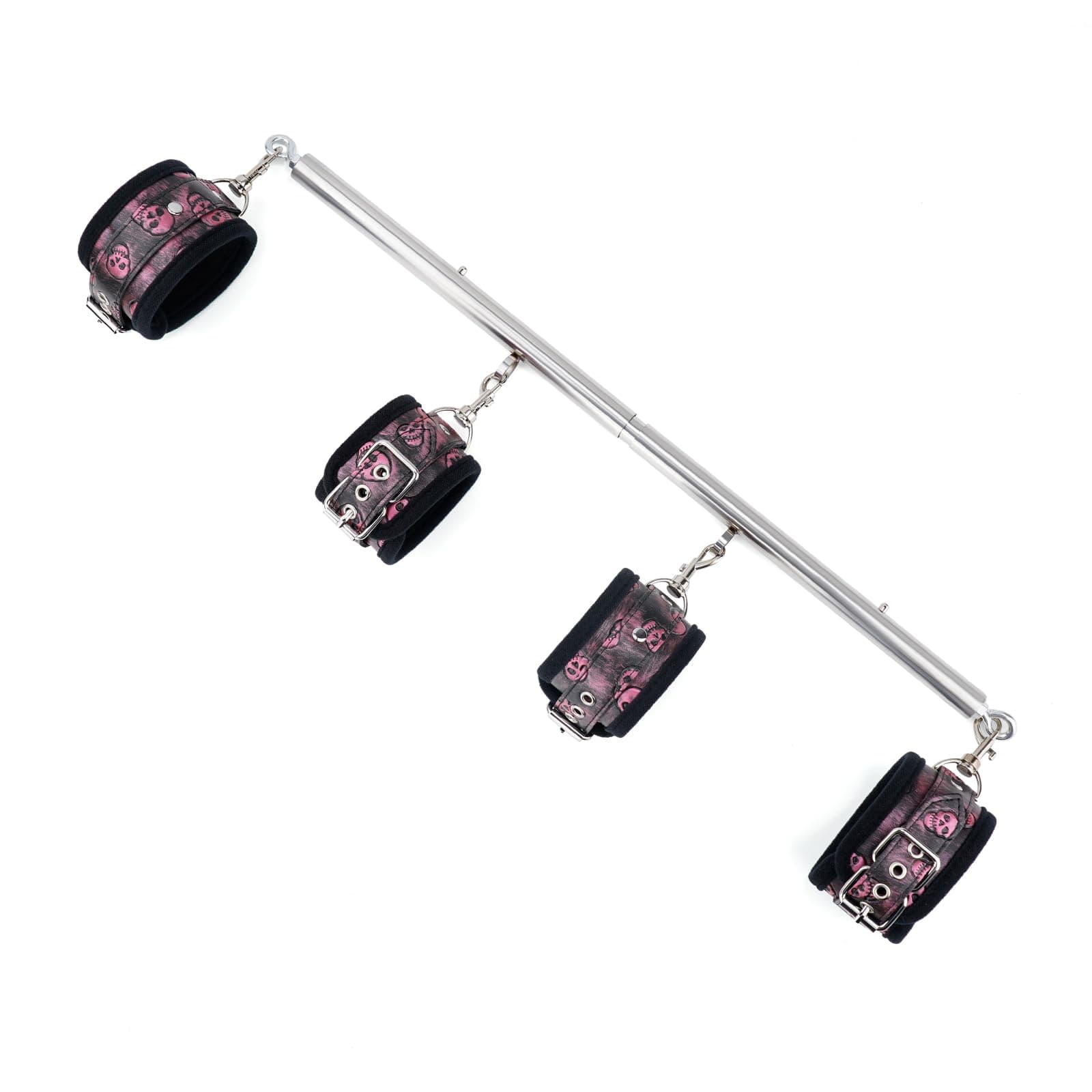 Spreader Bar Expandable Exercise Black Stainless Steel Bar with 4 pcs Black Fur Adjustable Strap, Yoga Training Fitness Gear, Workout Bar,Sports Gym Kit(Silver+Pink PU Set)