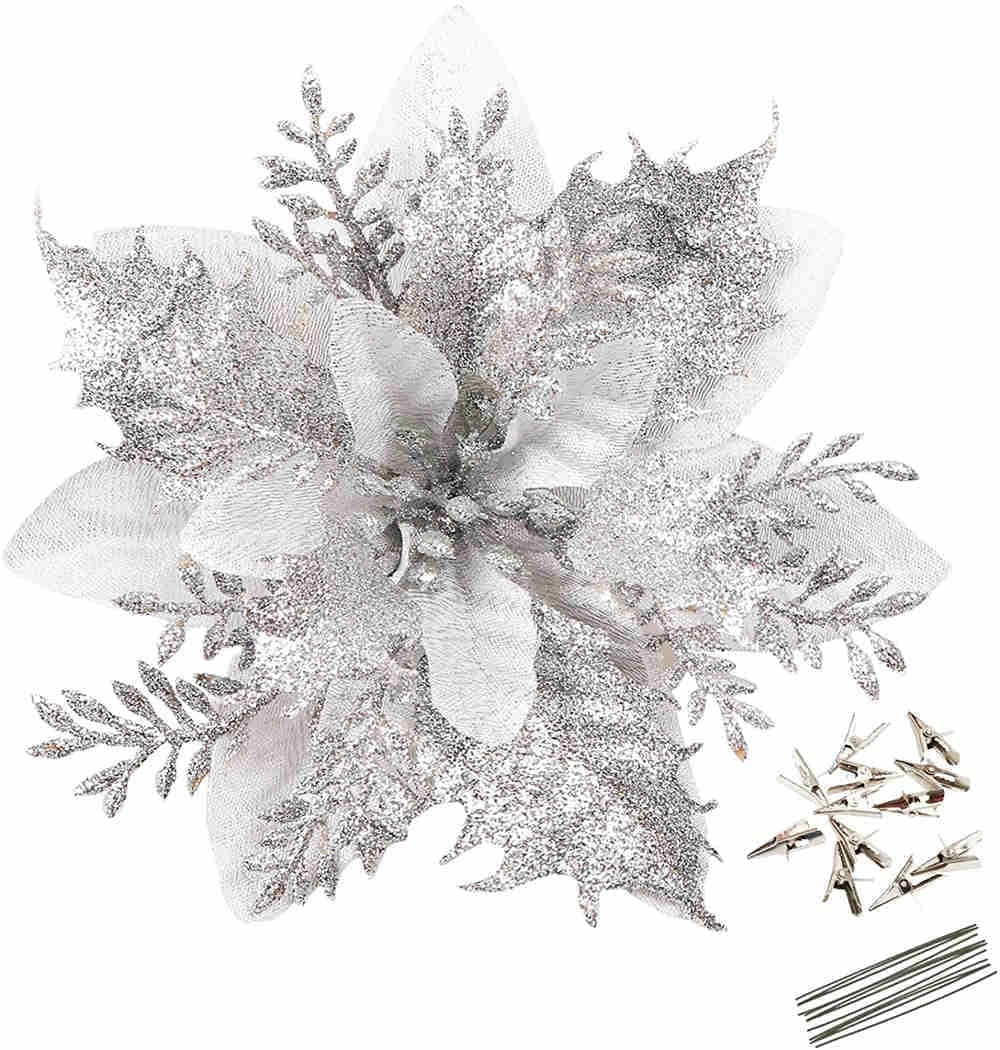 GREENTIME 12 Pcs Glitter Poinsettia 5.5" Artificial Flowers Christmas with Clips Stems Xmas Tree Ornaments for New Year Party Stairs Fireplace Porch Balcony Garden Church Wreath Decoration (Silver)