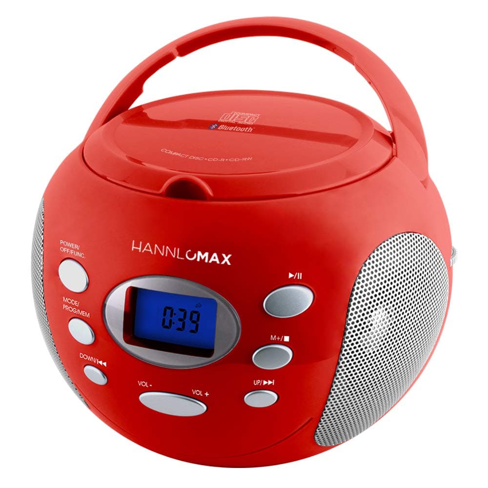 HANNLOMAXHX-305CD Portable CD Boombox, PLL FM Radio, Bluetooth, LCD Dislay with Backlight, Aux-in, AC/DC Dual Power Source (Red)