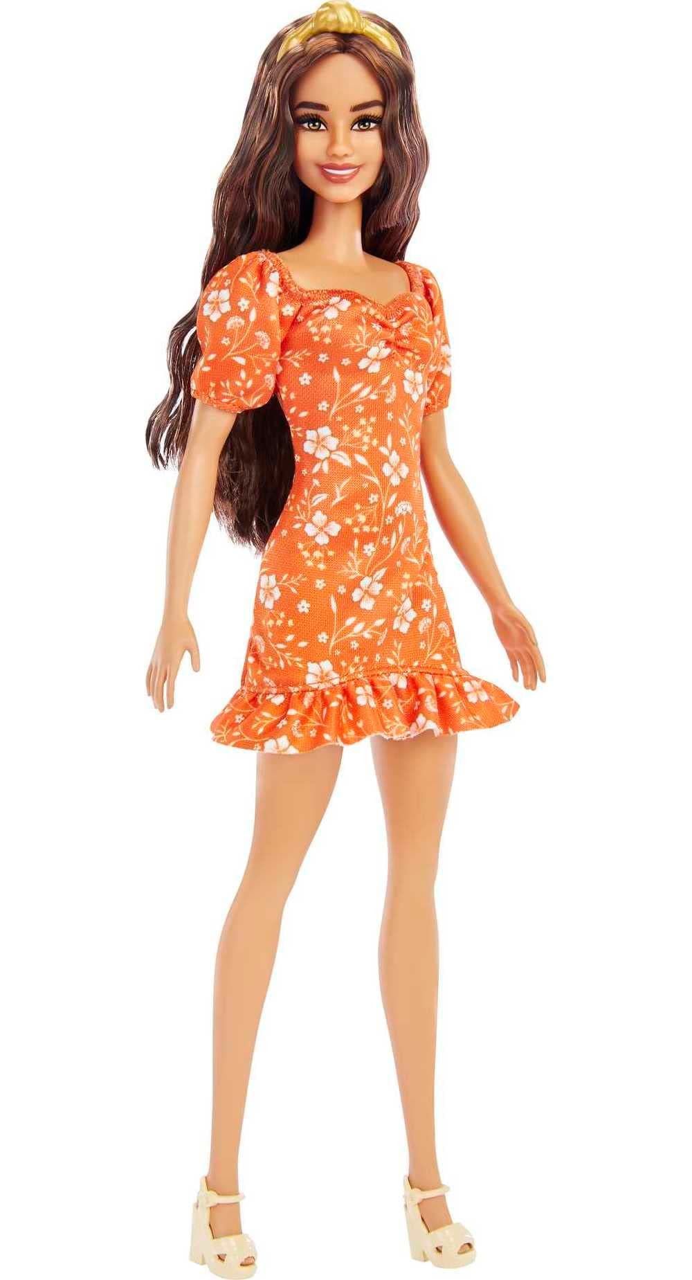 Barbie Fashionistas Doll, Long Wavy Brunette Hair, Headband, Orange Floral Print Dress with Ruffle Details & Heels, Toy for Kids 3 to 8 Years Old, Multi