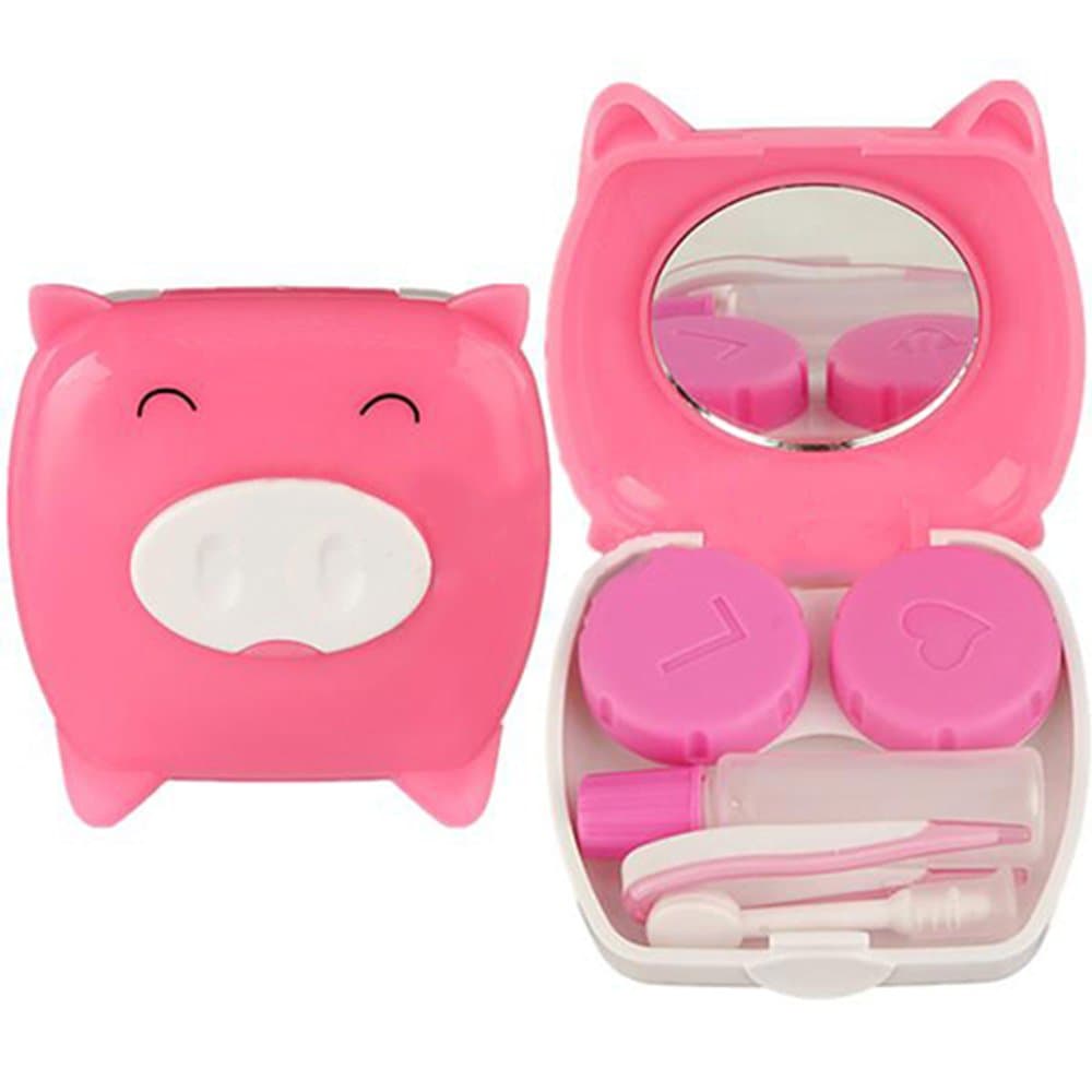 Travel Cartoon Piggy Contact Lens Case Mirror Tweezer Stick Holder Box