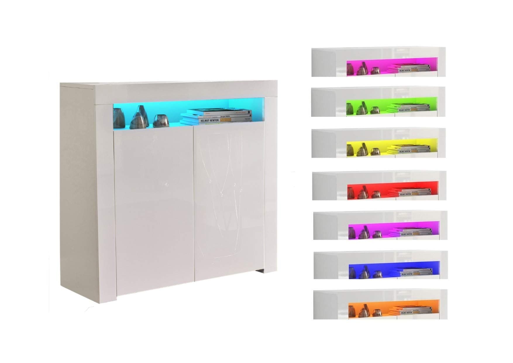 Impact Furniture Modern White High Gloss Sideboard with Multicolour RGB LED Lights Quality Cupboard Small Square Cabinet Unit White High Gloss Top & Doors/White Matt Body LILY