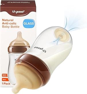 Thyseed Anti-Colic Glass Baby Bottle for Breastfed Infants, Paced Feeding, Breast-Like Newborn Medium Fast Flow Nipple (3m+), 8 oz, 1 Pack