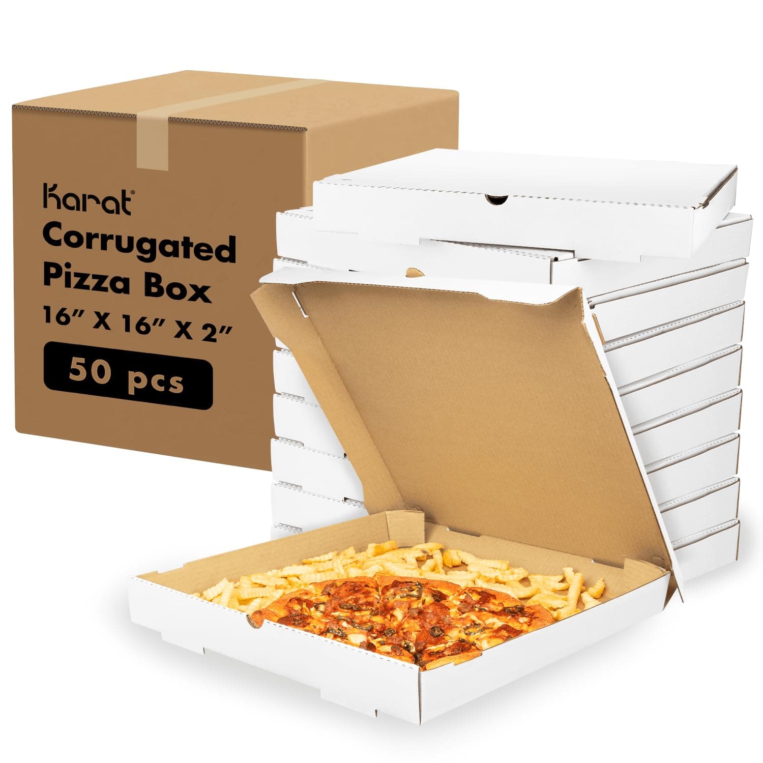 Karat Pizza Boxes 16" x 16" [50 Pack] White Corrugated Boxes | Ventilated, Grease-Resistant, Durable for Pizza or Mailing Use