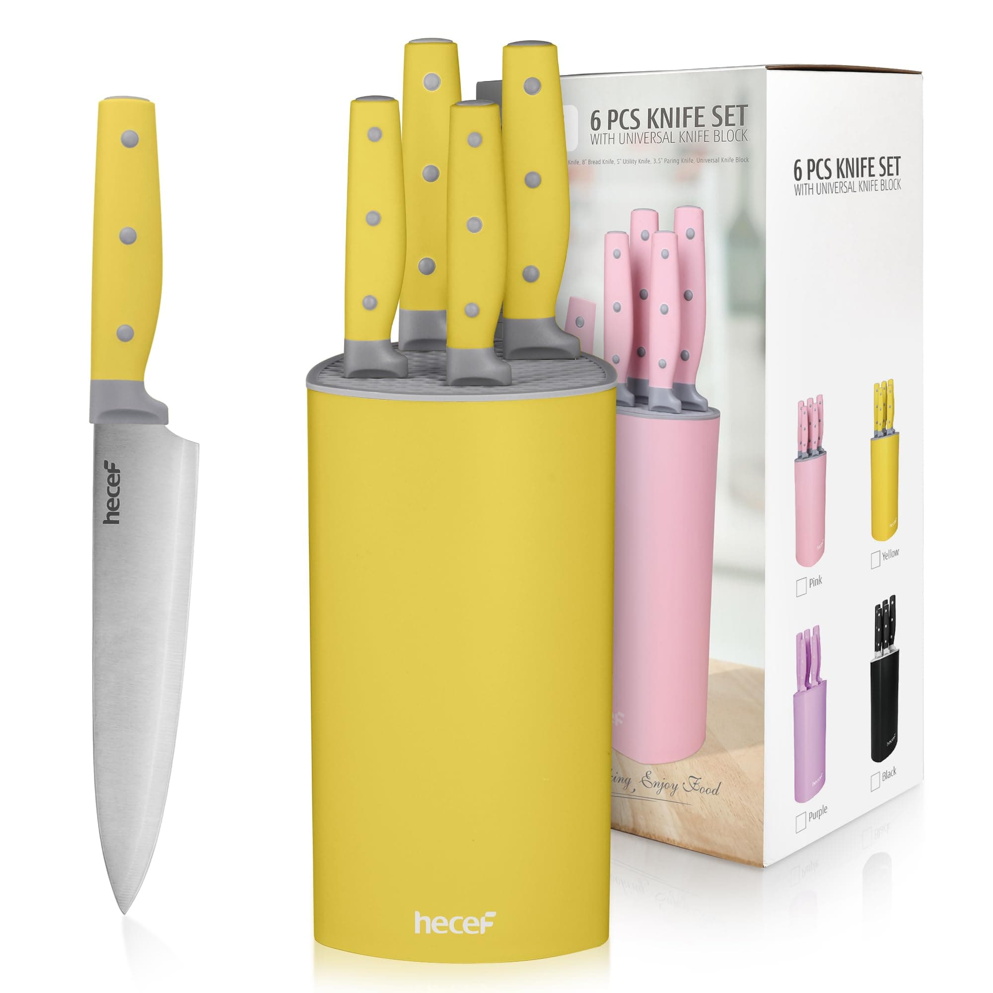 hecef Knife Set, 6 Pieces Kitchen Knives with Universal Knife Block, Stainless Steel Blade with Triple-rivets Handle, Kitchen Knife Set with Block for Home and Kitchen, Yellow