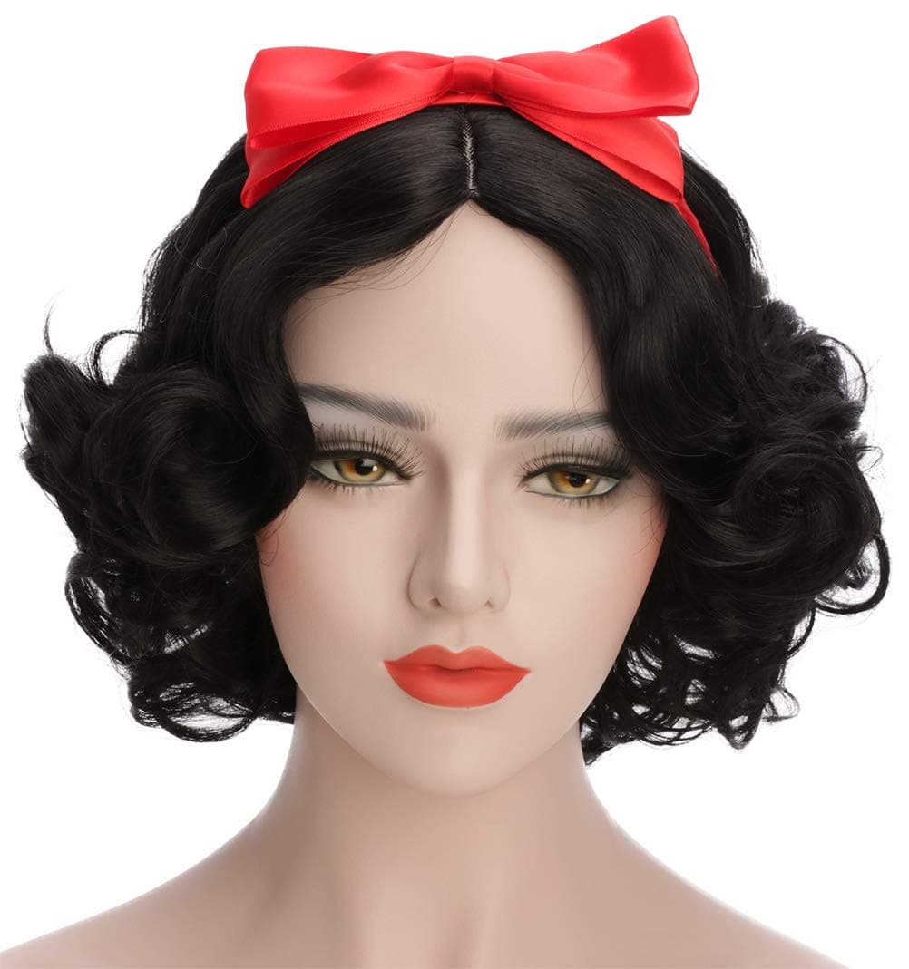 karlery Adult Women Short Bob Wave Black Cosplay Wig with Red Bow Princess Halloween Costume Anime Party Wig