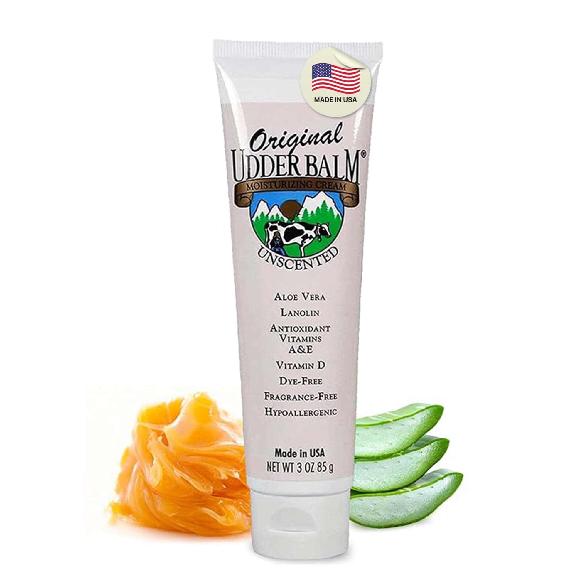 Original Udder Balm Unscented Tube - Made in USA - Hypoallergenic, Dry Skin Relief for Hands, Feet & Face, Moisturizer for Sensitive, Cracked Dry Skin, 3 Fl Oz