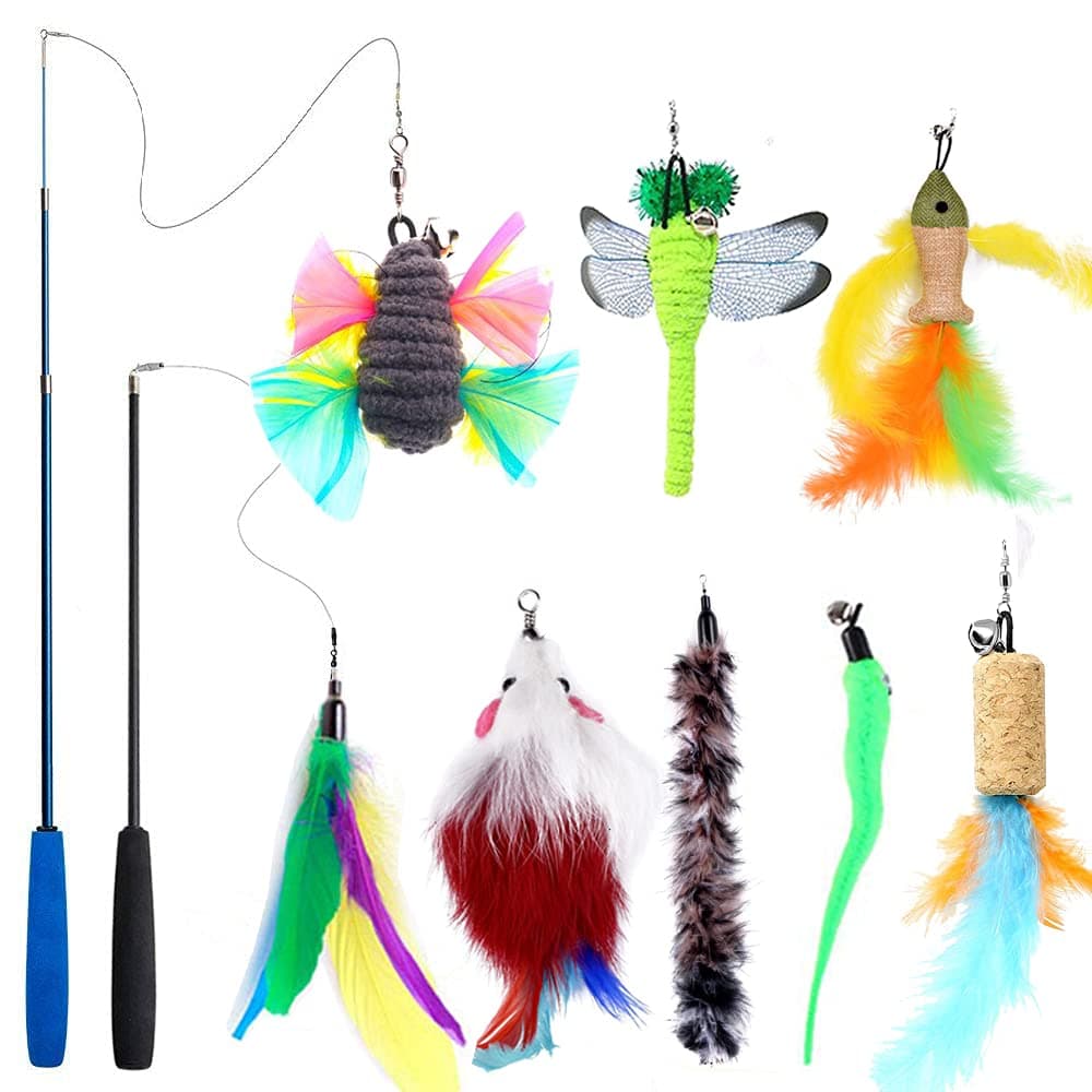 Teeyee [10 in 1 Cat Feather Toys, Cat Retractable Teaser Wand Toy Set, Interactive Cat Chaser Toy Exercising Kitten Cat, Included 2 Wands & 8 Refills Feathers