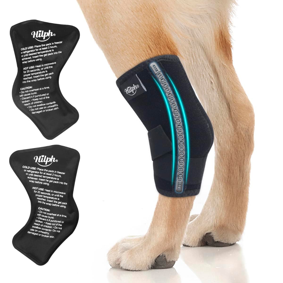 Hilph Rear Leg Hock Brace with Metal Spring Strips and 2 Ice Packs, Dog Leg Brace Hot Cold Compression for Rear Leg, Hock Ankle Support, Injuires, Joint Pain, Sprain and Post Surgery Recovery (L)