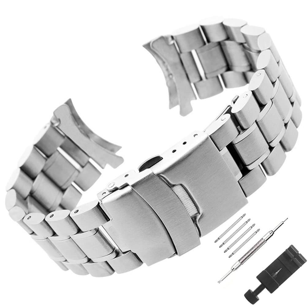 Weelovee Curl End Solid Stainless Steel Watch Band for Mens Women,20mm 22mm Double Locking Clasp Wristband Metal Strap Bracelet Replacement,Tools Including Silver