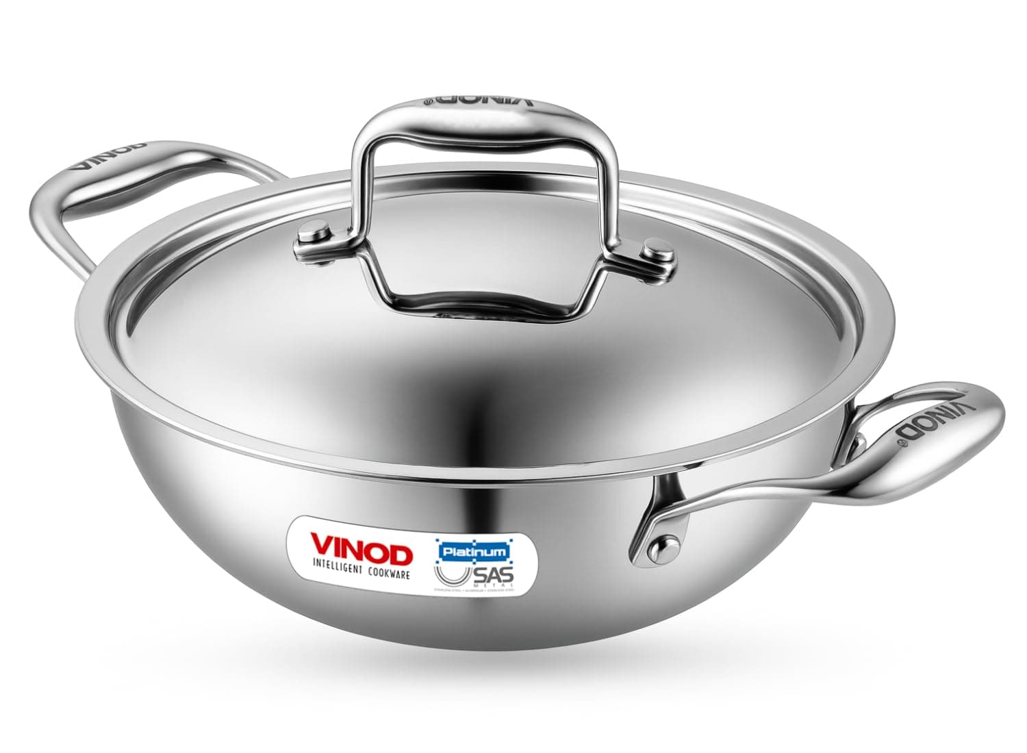Platinum Triply Stainless Steel Kadai with Lid – 2.5L, 24 cm | 3 Layer SS Cookware Wok | Deep Cooking Pot for Sauteing & Curries | Gas & Induction Friendly | Heavy Bottom | Sturdy Handles