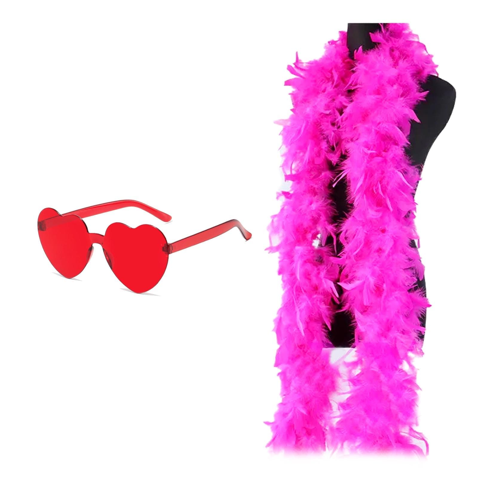 AWAVM Hot Pink Feather Boas, 200cm Pink Boa for Women,Feather Boa and Heart Glasses for Dancing Wedding Party Cosplay Halloween,with Heart Rimless Sunglasses