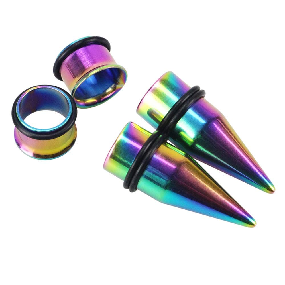 Stainless Steel Ear Gauge Taper Stretching and Single Flare Plugs Flesh Tunnel Kit with O-ring 2 Pairs