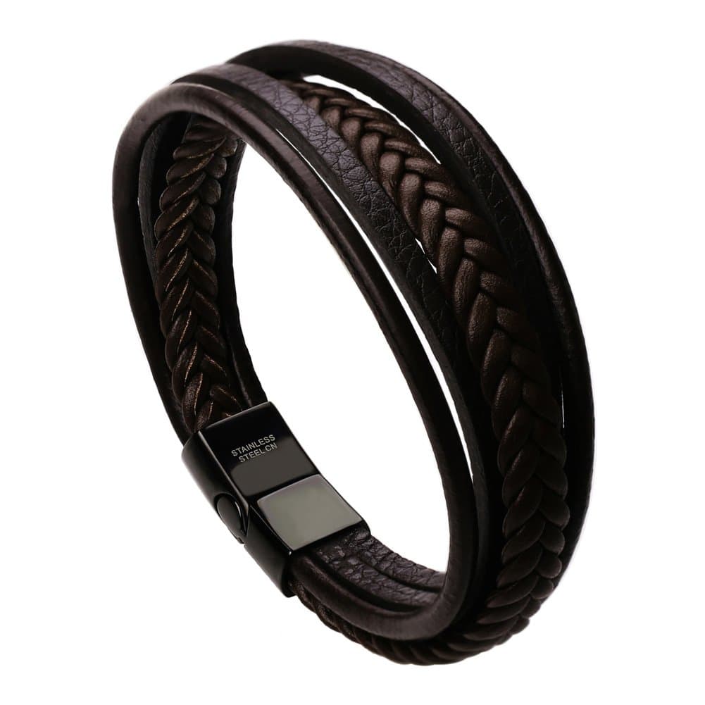 Mens Leather Bracelet with Clasp Cowhide Multi-Layer Braided Leather Mens Bracelet