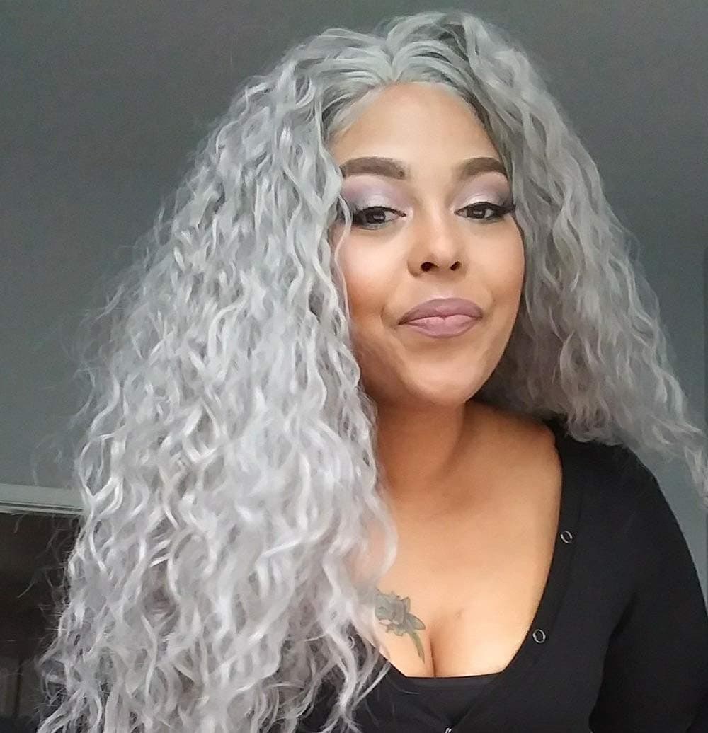 Synthetic Glueless Lace Front Wigs Long Loose Curly with Baby Hair Natural Hairline Heat Resistant Fiber Lace Wigs Swiss Natural Gray Wig For Black Women 180 Density 24 Inch 0906