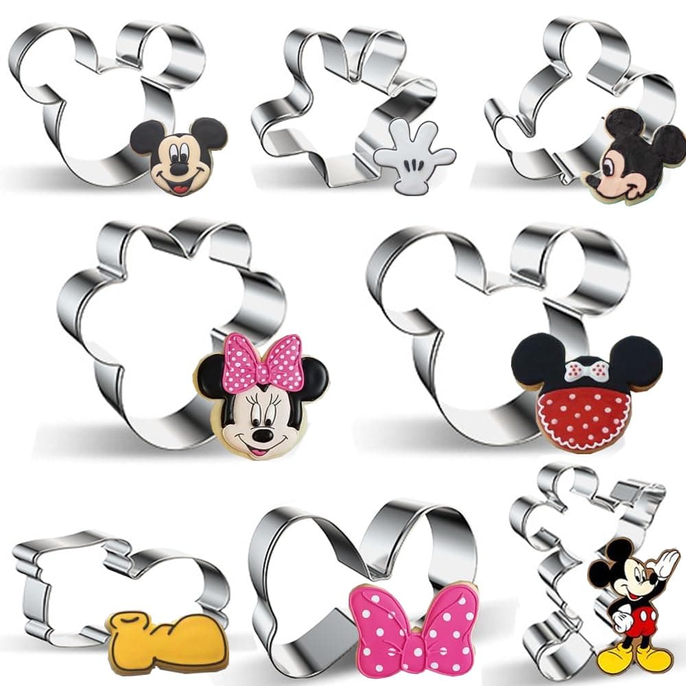 8 Pieces Mickey and Minnie Mouse Cookie Cutters Set for Kids, Mickey Mouse Head, Minnie Mouse, Minnie Bow, Mickey Mouse Body, Palm and Shoes, Biscuit Cutters Fondant Baking Mould
