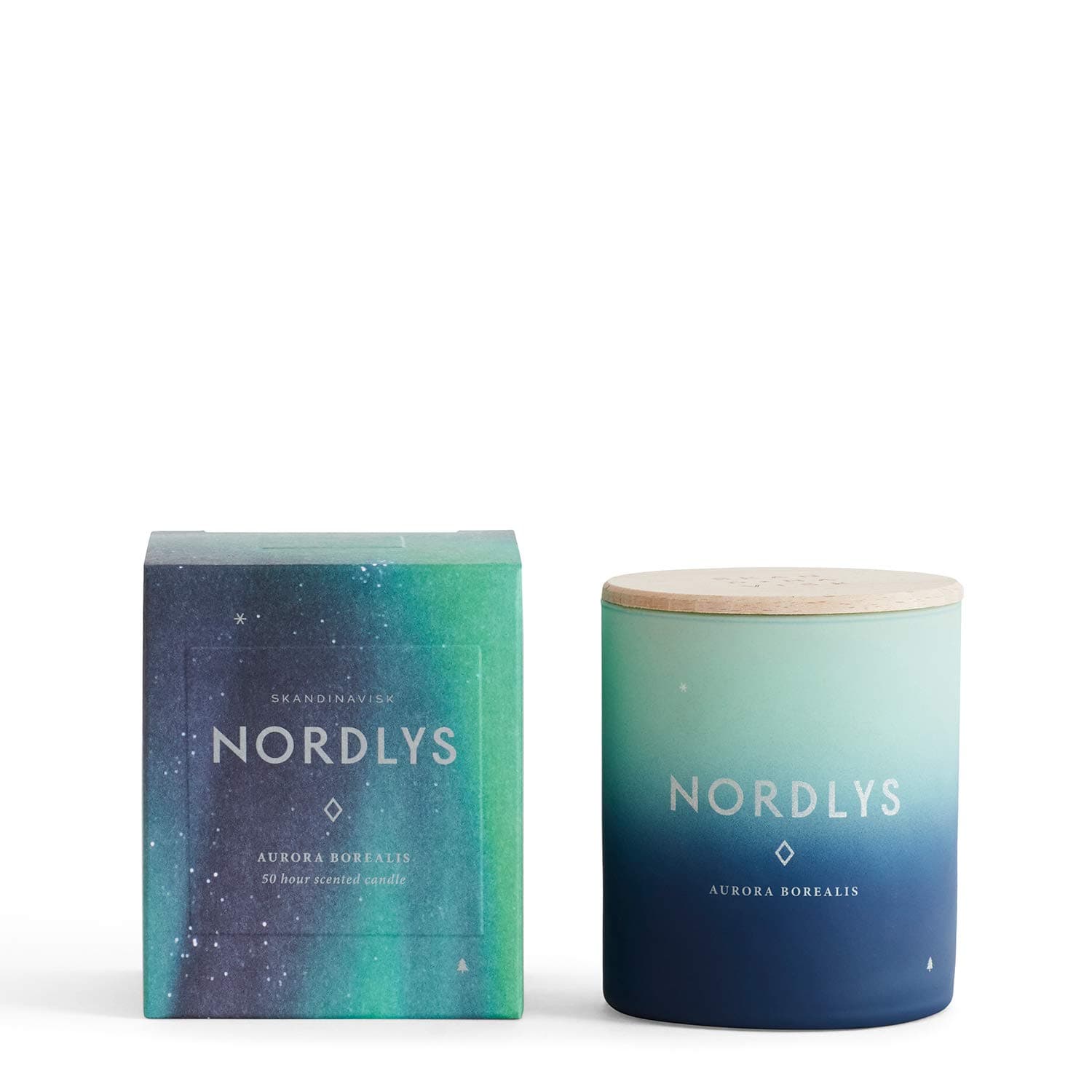 Skandinavisk Nordlys Scented Candle With Engraved Beechwood Lid - 190g - Vegetable wax - Blue/Green
