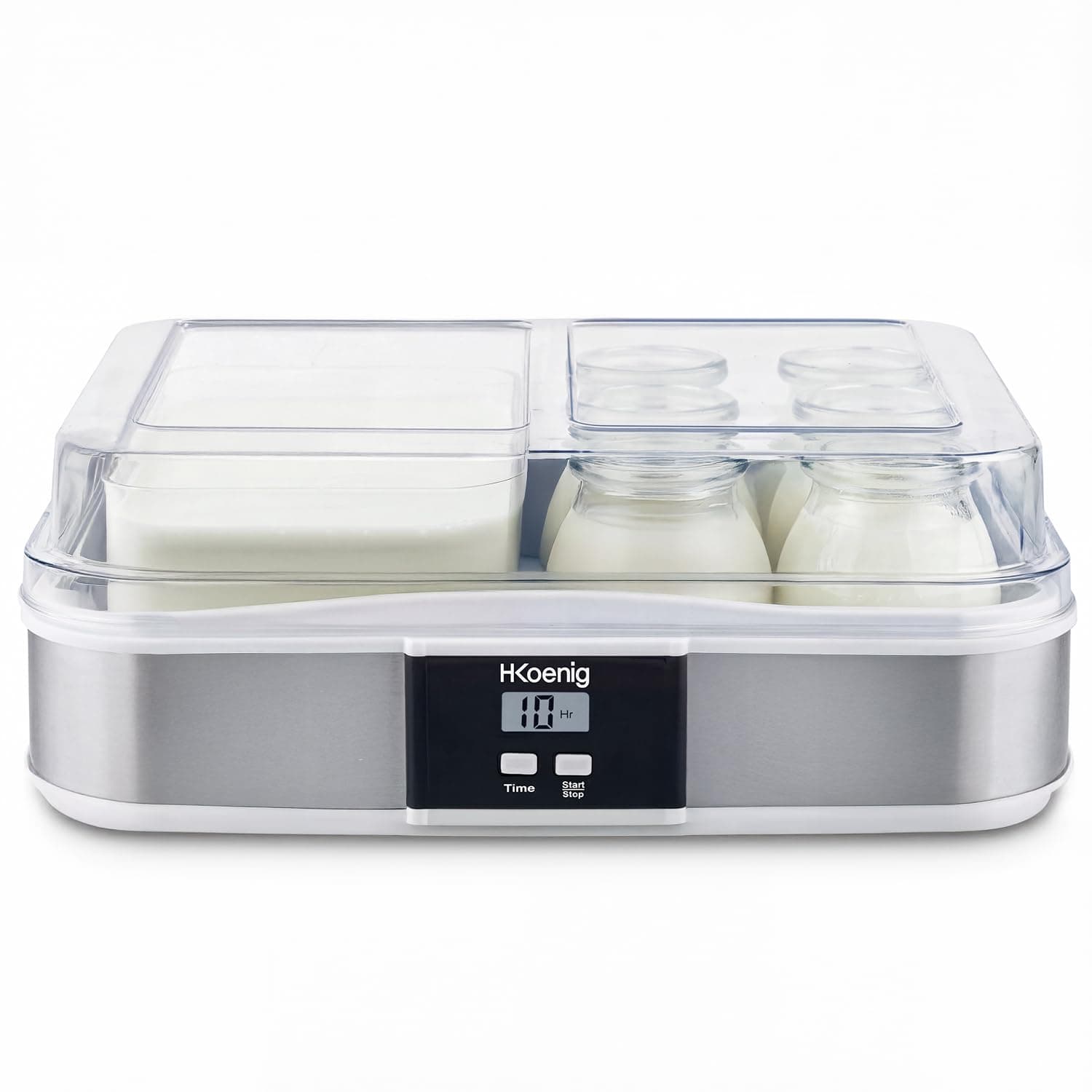 H.Koenig Yogurt Maker 12 Pots ELY120, Capacity 12 x 160 ml, Programmable, LCD Display, Stainless Steel Body, BPA-Free, Dishwasher Safe, Automatic Shut Off, Power 21.5 W