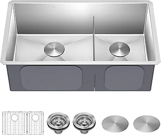 Kitchen Sinks Undermount - 32 Inch Stainless Steel Kitchen Sink, 60/40 Double Bowl, 16 Gauge, Model KHU103-32