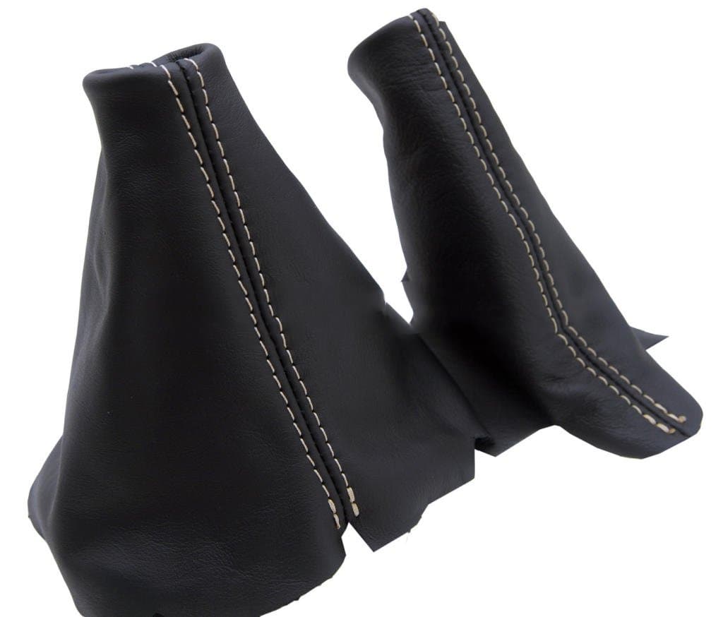 DSV Fits 1995-2004 Land Rover Discovery 200 300 TDI TD5 Real Black Leather Transfer case and ebrake Boot Set with Tan Stitching. (Leather Part Only)