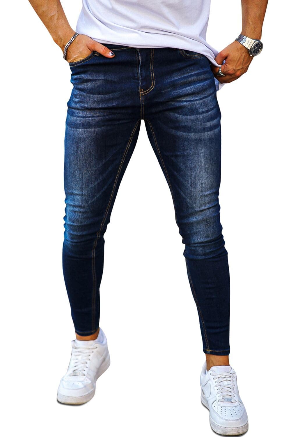 Skinny Jeans Men Stretch Tapered Leg Slim Fit Elastic Waist