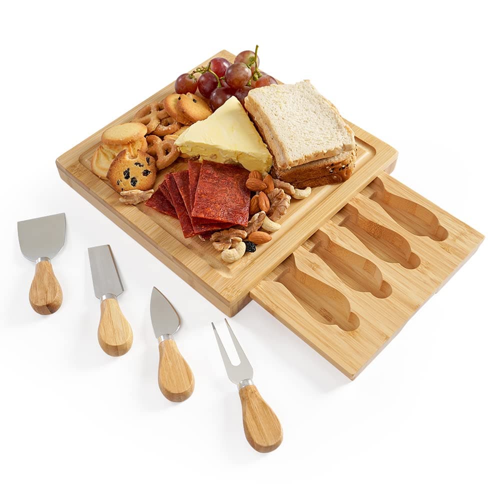 Cheese Board Set, Charcuterie Board Set, Bamboo Cheese Plate Including Knife Sets, Cheese Tray with Slide-Out Drawer for Home and Gift