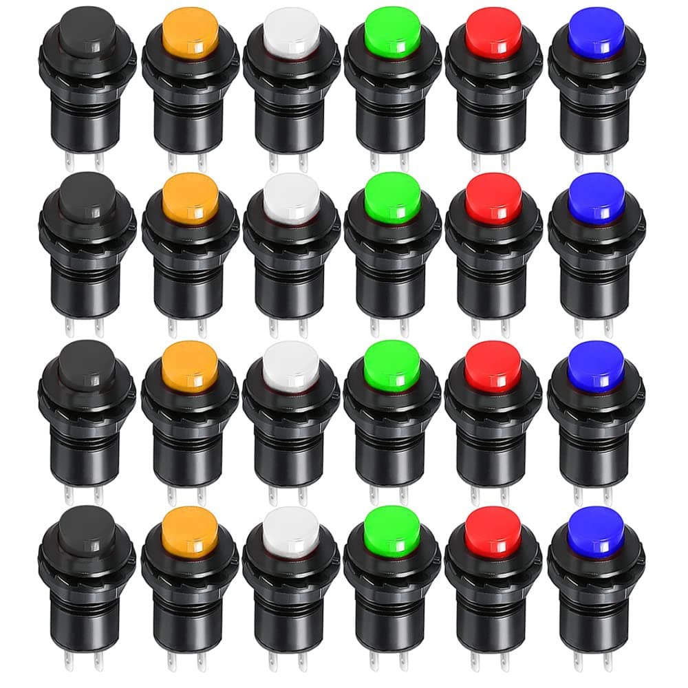 24pcs 12mm Momentary Push Button SPST ON/Off AC 250V/1.5A 125V/3A, Lockless Mini Round Button for Car Trumpet, PC, Table Lamp, Home Doorbell
