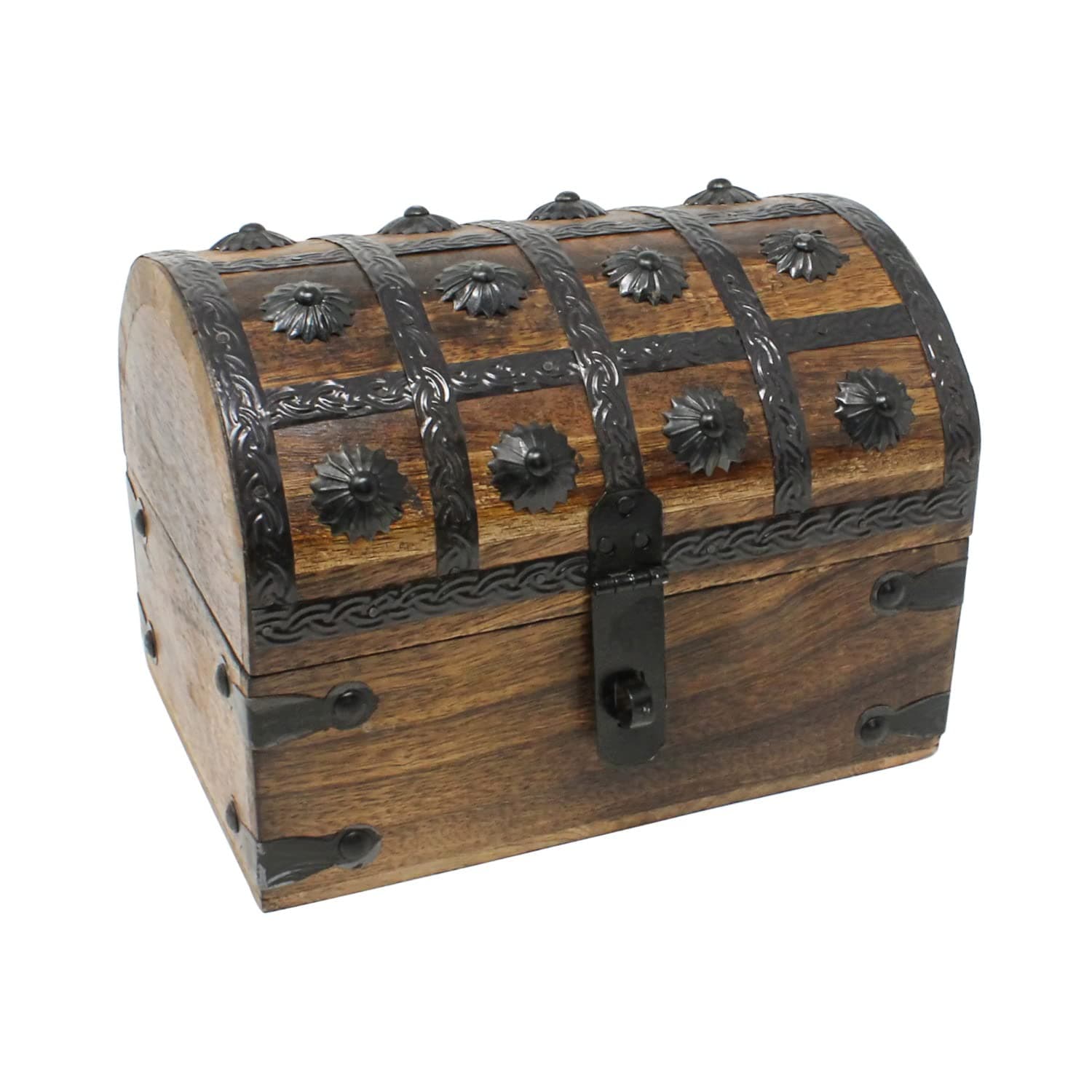 Treasure Chest Keepsake and Decorative Wood Box (Large 8x6x6) - Storage Box, Wooden Box with Hinged Lid, Rustic Storage, Pirate Storage Box, Vintage Wooden Chest