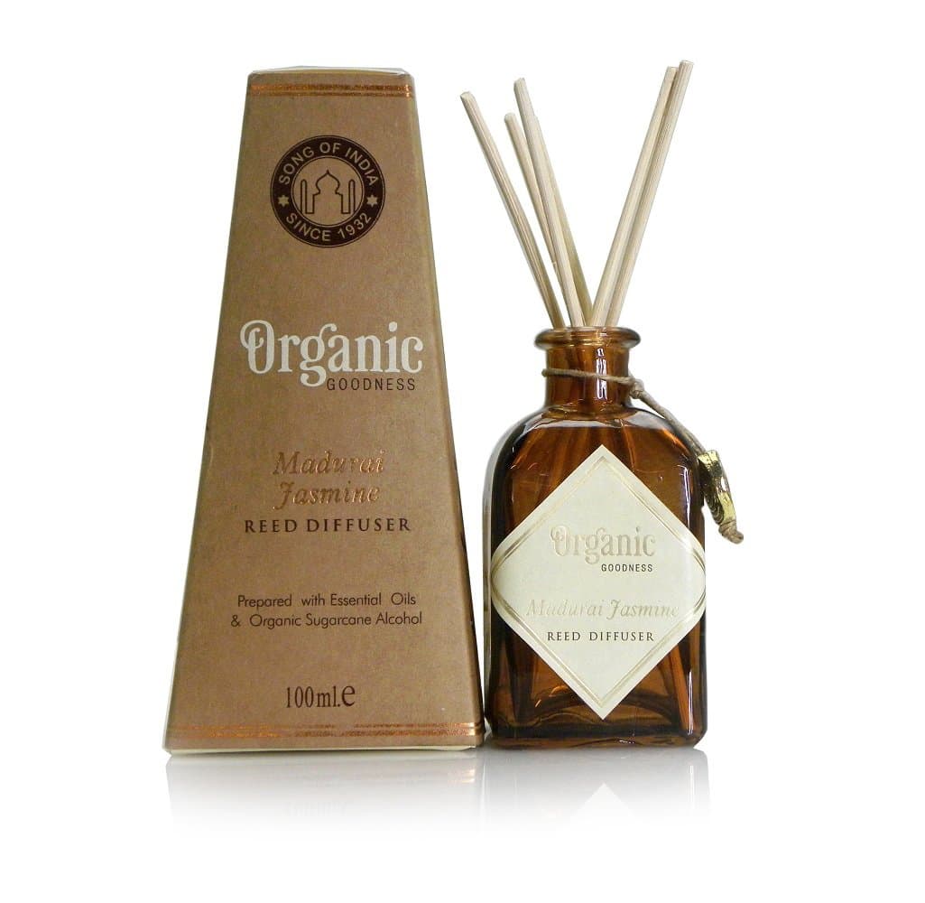 Song of India 100 ml. Madurai Jasmine/Mogra Organic Goodness Reed Diffuser in Amber Coloured Glass Jar with 6 Sticks for Home Fragrance