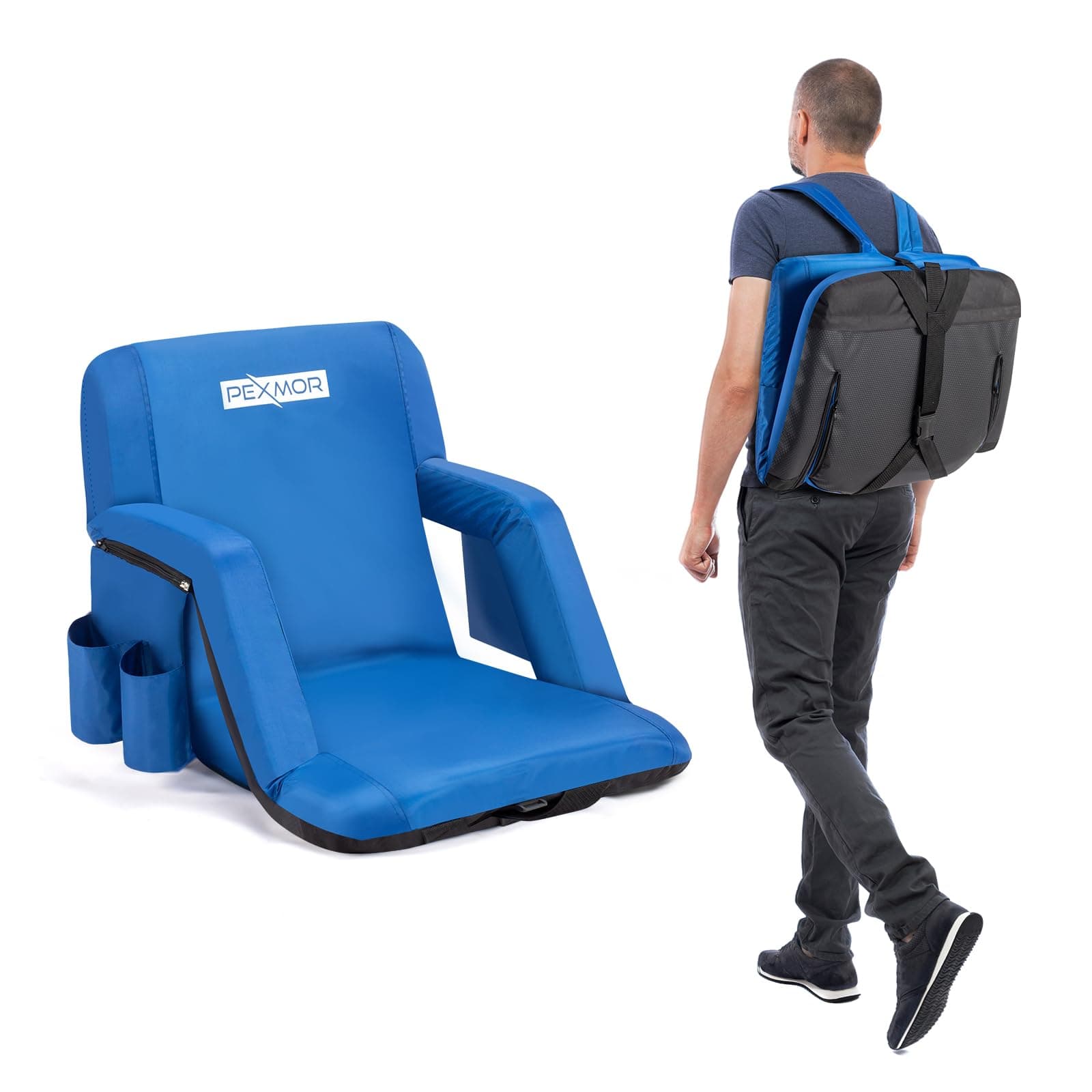 PEXMOR Folding Stadium Seats for Bleachers w/Back Support, Bleacher Chair w/Cushion & Armrest, 5-Reclining Position Portable Padded Stadium Chair w/Pockets, Carrying Bag